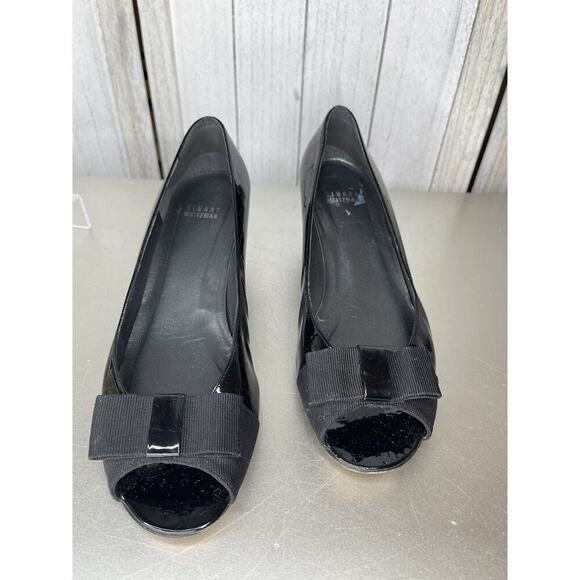 Stuart Weitzman Kitten Bow Heels Shoes 9.5M Patent Leather Pumps Peep Toe - Picture 4 of 8
